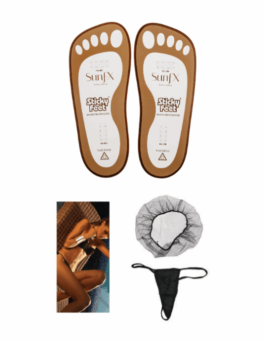 Spray tanning accessory pack, must have for tanning professionals. sticky feet, hair nets, thongs and tanning brochures