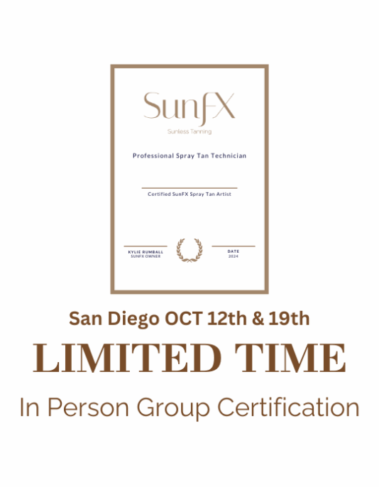 In person spray tan certification and training. San Diego spray tan professional training with SunFX. Complete package of all the equipment and training. Limited time oppurtunity with the world famous owner who has training thoasands of spray tan artists around the world.