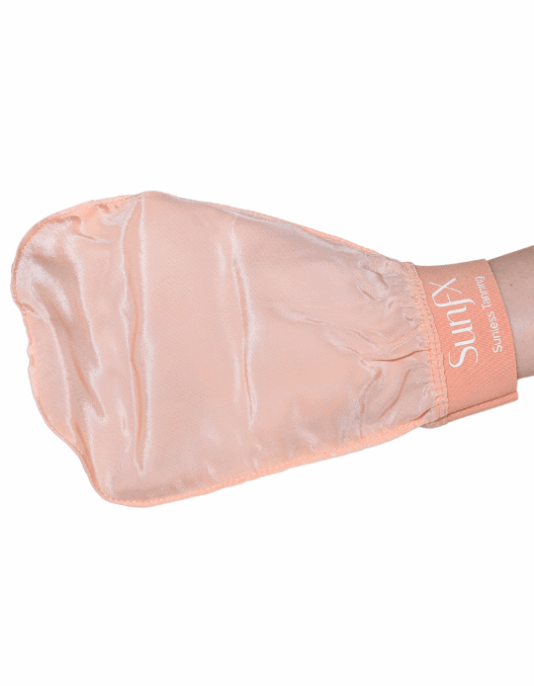 silk mitt sunfx exfoliating gift for spray tan and self tan fake tan removing and skin freshener. Cute peach pink colored mitt for shower and dry skin. salon choice silk mitt